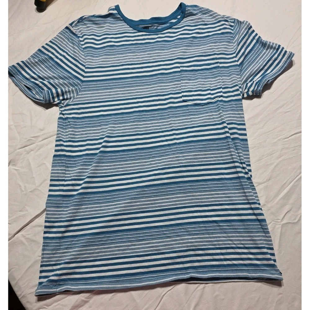 ON THE BYAS Tshirt‎ Blue Stripped Y2K Lightweight Size L Skater Surf